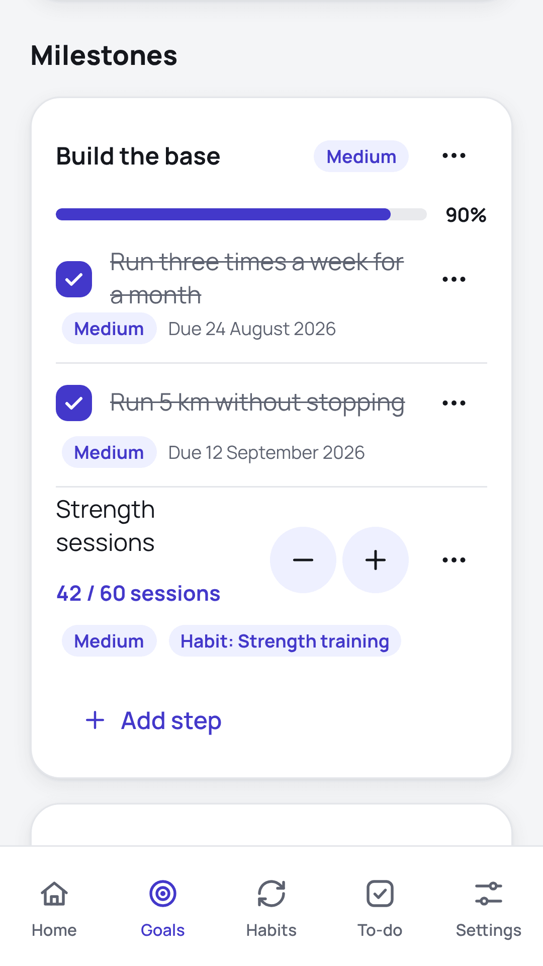 A goal broken into milestones and steps with a progress percentage