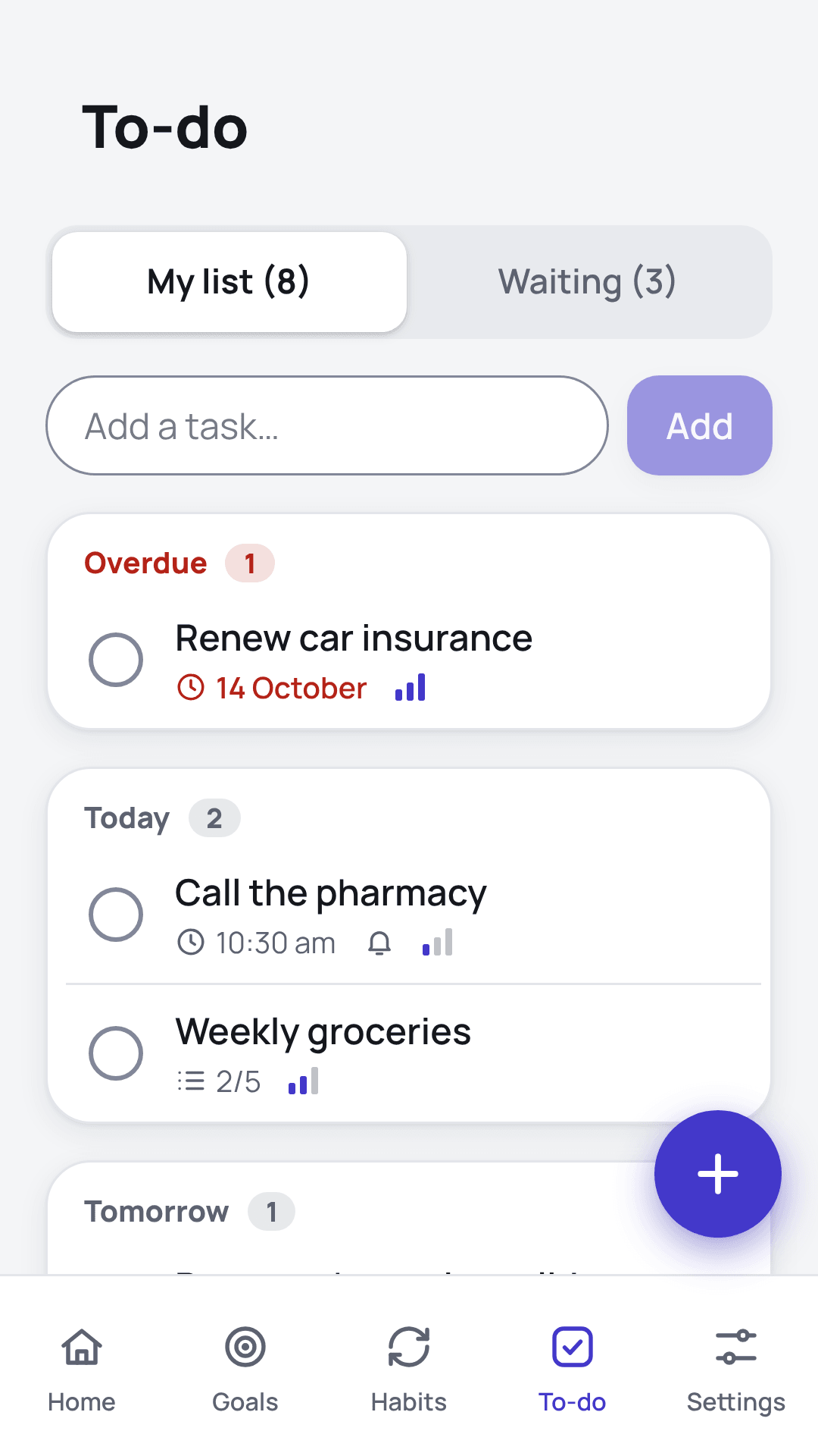 To-do list with deadlines and a waiting list